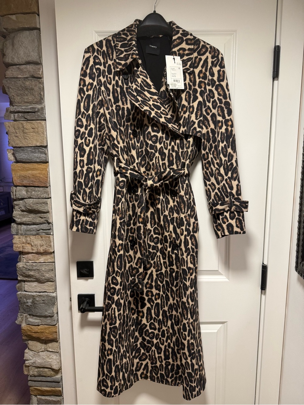 Theory Leopard Print Trench Coat in Tan and Black leopard print. Size Large